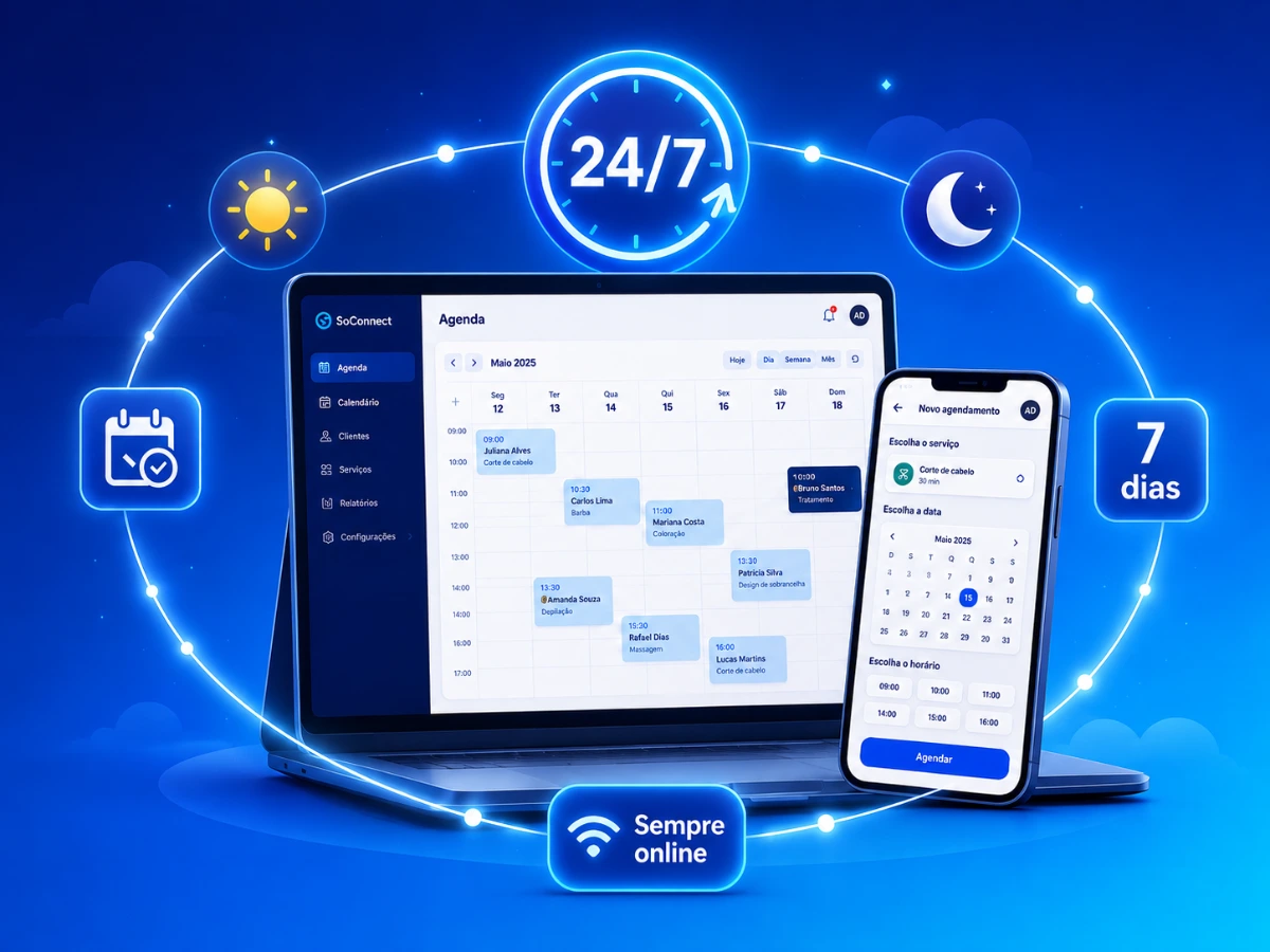 Seus clientes agendam sozinhos, 24h por dia